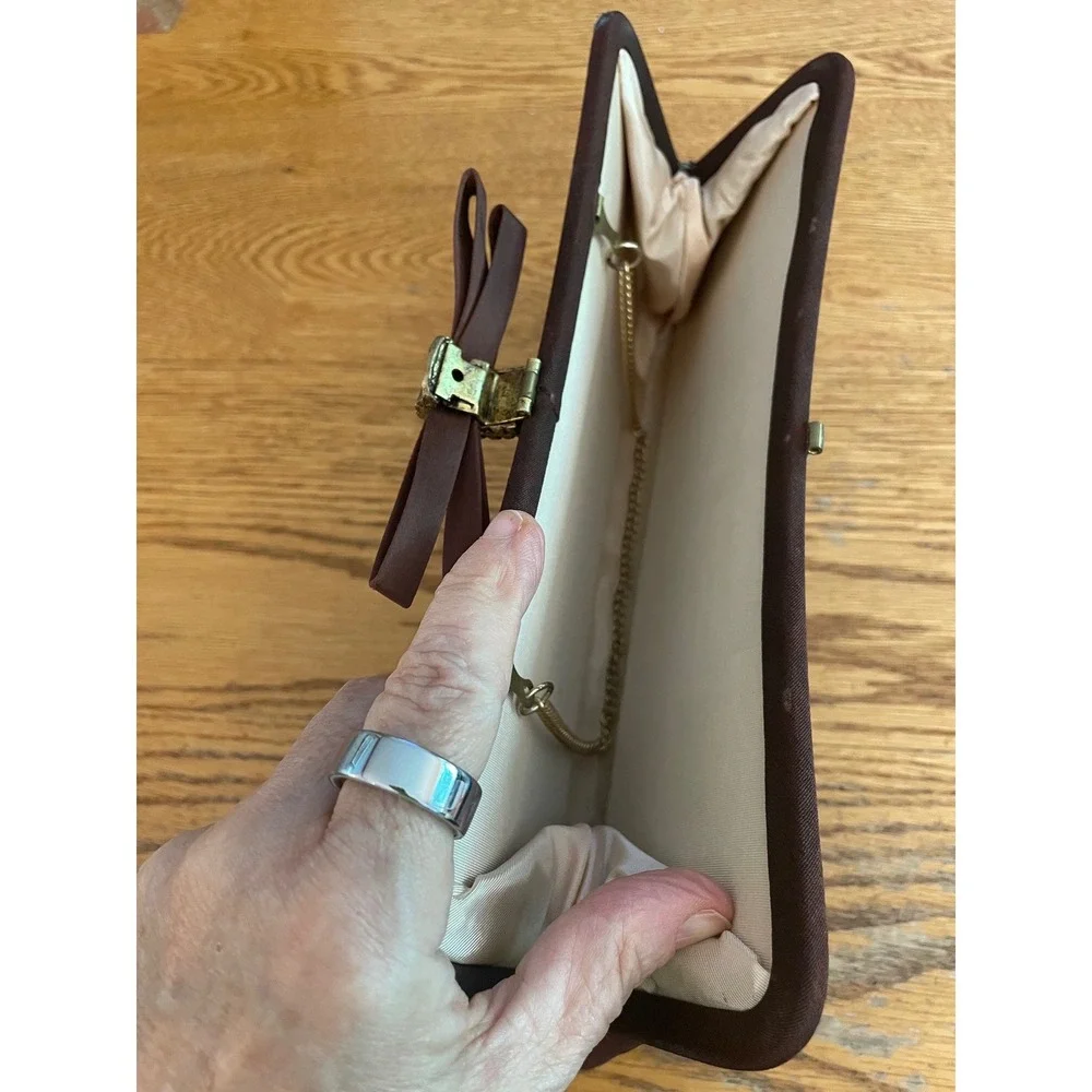 Vintage Brown Satin Bow Clutch Bag Gold Chain Shoulder Strap Evening Formal Bag